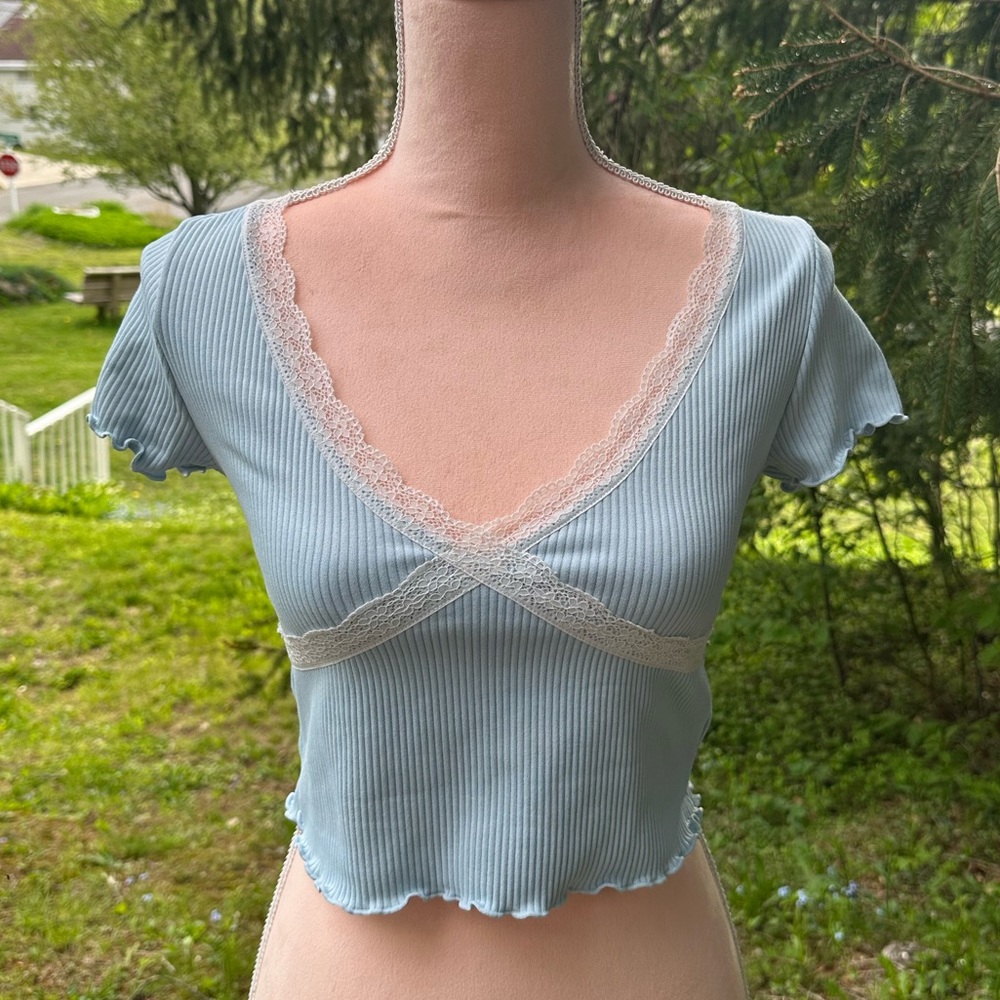 BABY BLUE V NECK TOP WITH LACE TRIM 👼